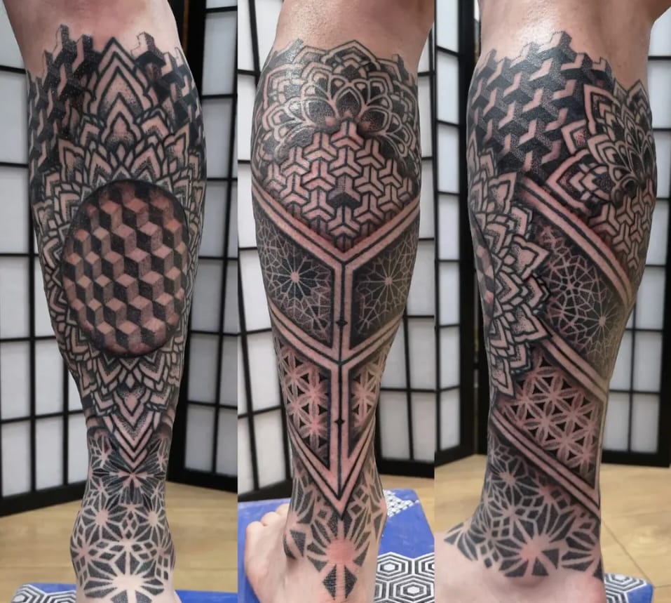 Sacred geometry dotwork leg sleeve by Chris