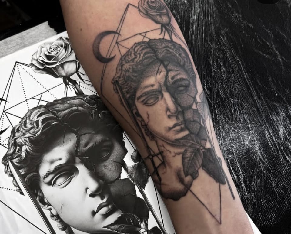 Classical statue portrait with roses and crescent moon by Liam