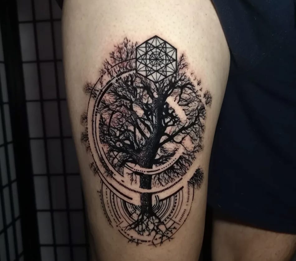 Tree of life with geometry thigh tattoo by Chris